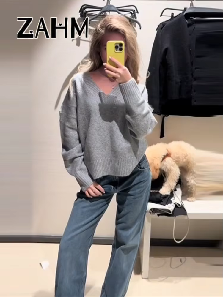 Pull tricoté élégant à col en v pour femme