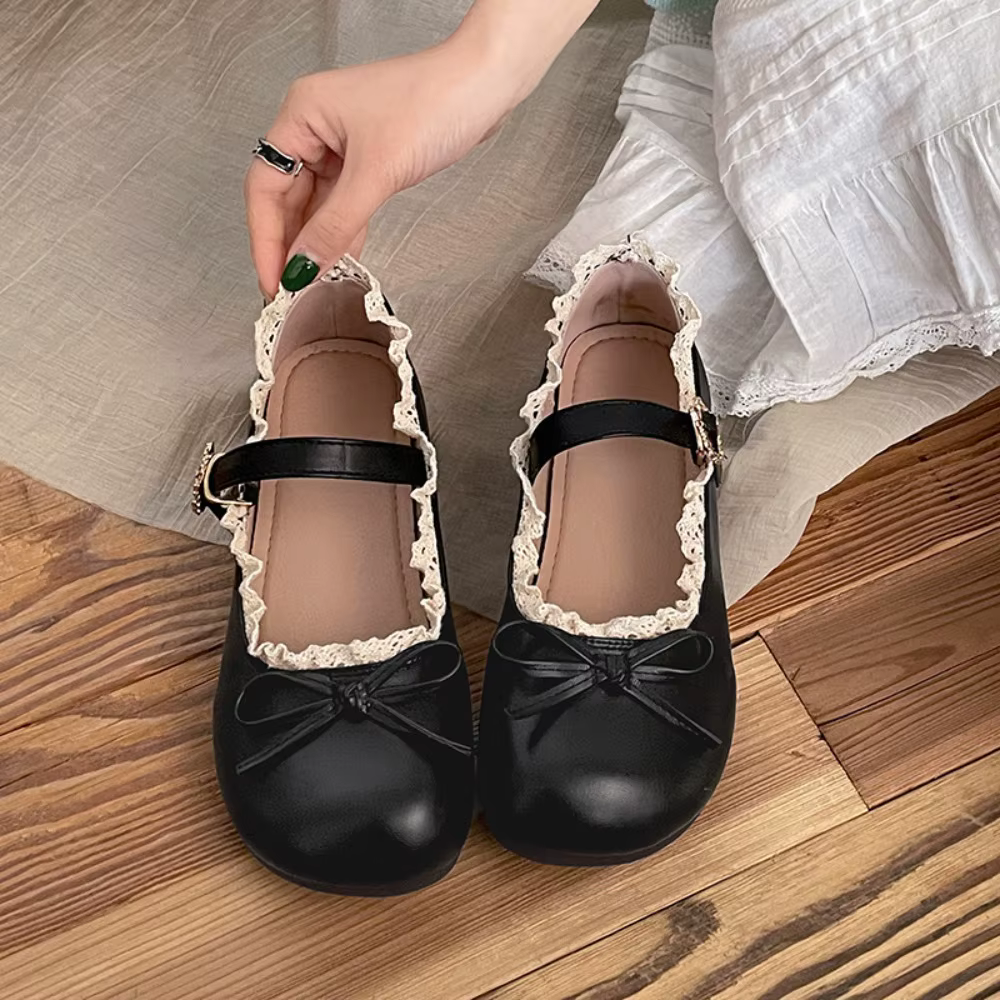 Lolita PU cuir JK chaussures plates nœud dentelle à volants ballerines décontractées semelle souple doux Mary Jane