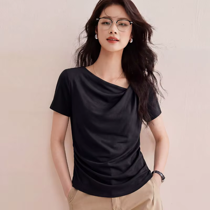 T-shirt en Lyocell pour femme, col drapé, froncé sur les côtés, coupe ajustée, uni, manches courtes, élégant, décontracté, basique, pour l'été