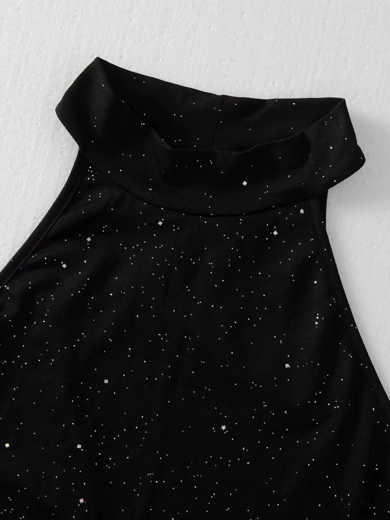 Débardeur Halter Noir à Paillettes pour Femme, Coupe Slim, Décontracté, Sexy, Épaules Dénudées, Tendance Été, Quotidien, Festival de Musique