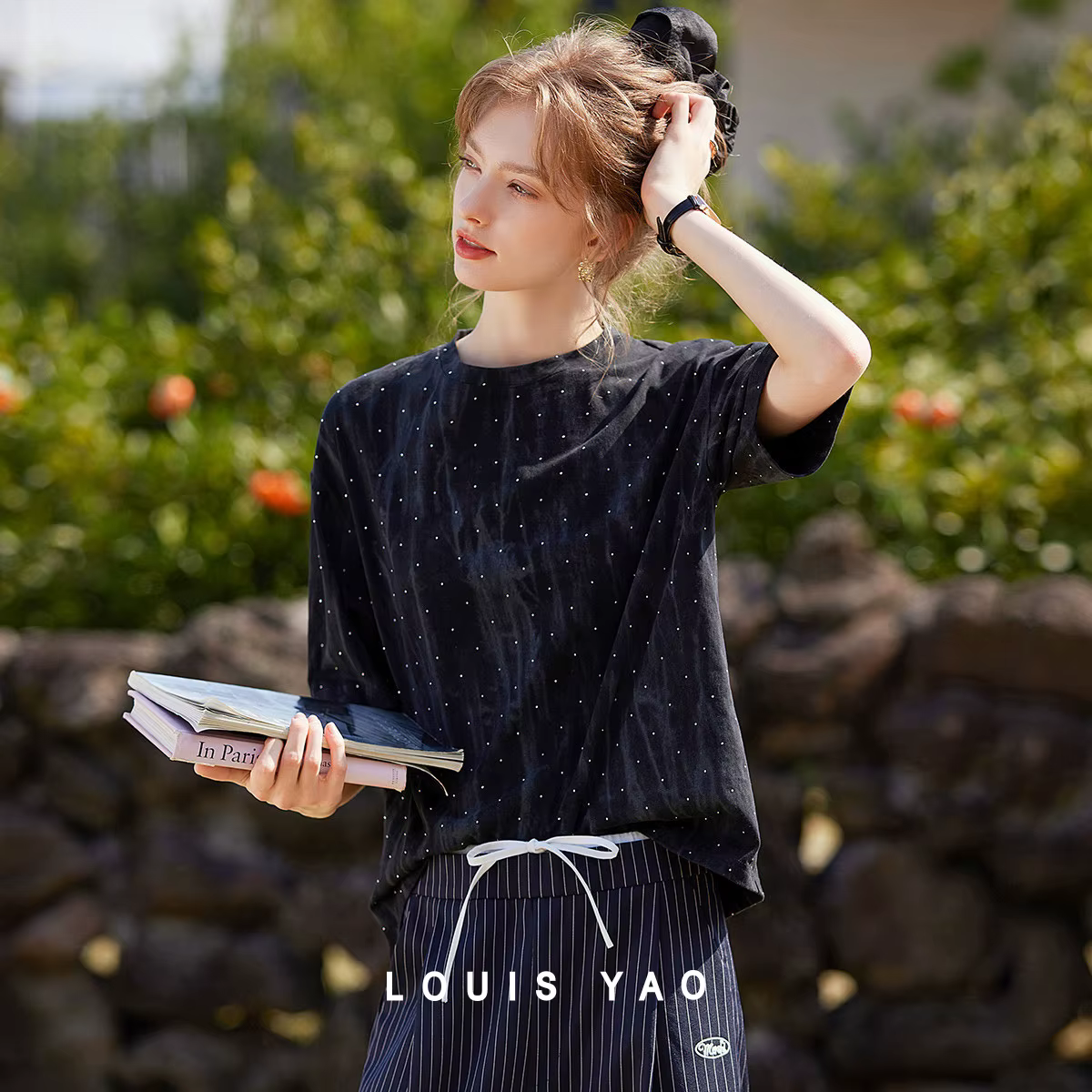 LOUIS YAO T-shirt femme 2025 été décontracté col rond couleur contrastante ample manches courtes texturé couches