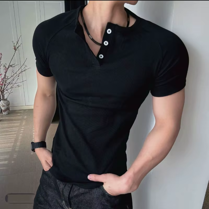 T-shirt homme slim fit à col henley, manches courtes, tricot côtelé, coupe musclée, décontracté, pour l'entraînement, tee-shirt de base pour l'été