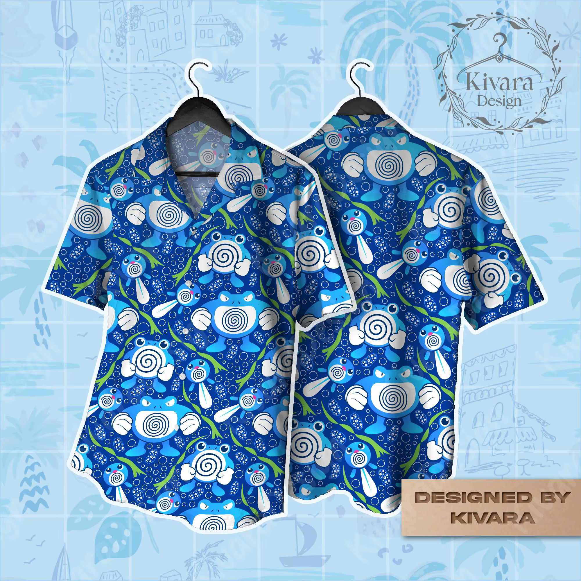 Poli Evolution Hawaiian Shirt Pokémon Anime POLIWHIRL T-shirt graphique pour homme