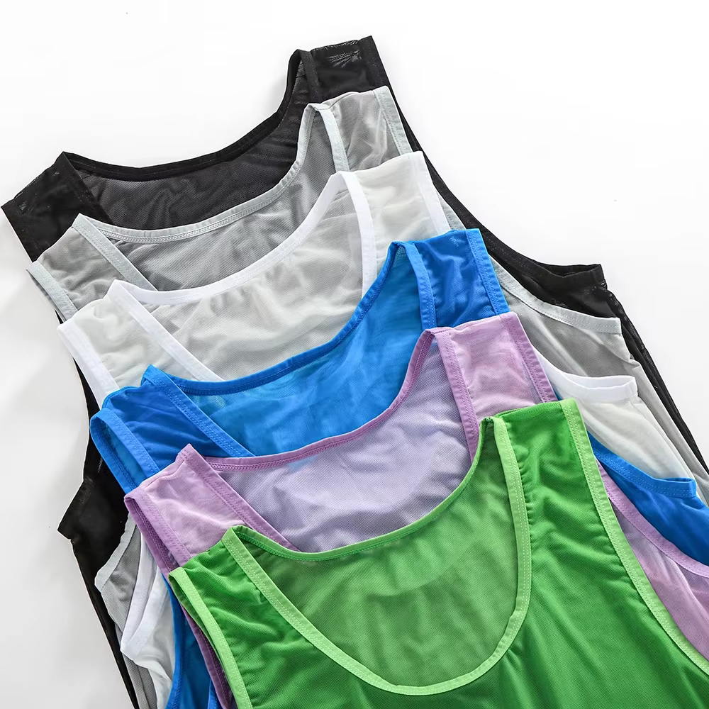 Hommes sans manches maille pure réservoir vêtements d'extérieur gilet d'entraînement résille évider voir à travers le maillot de corps