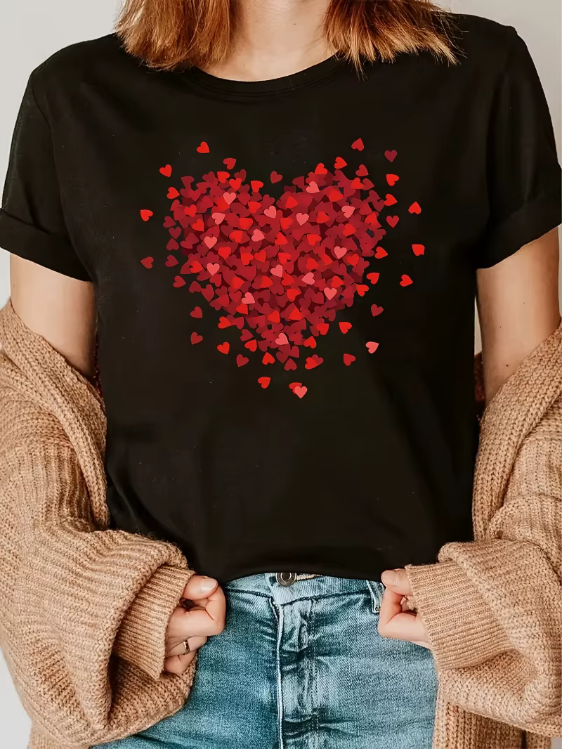 Coeurs rouges t-shirt femmes saint valentin amoureux T-shirts décontracté col rond doux hauts bases à manches courtes
