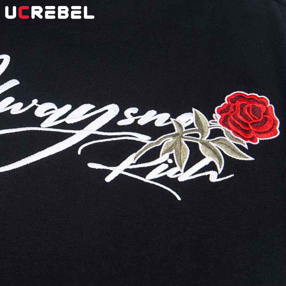 Rose fleur broderie à manches courtes T-shirt hommes rétro haute rue demi-manches ample col rond coton