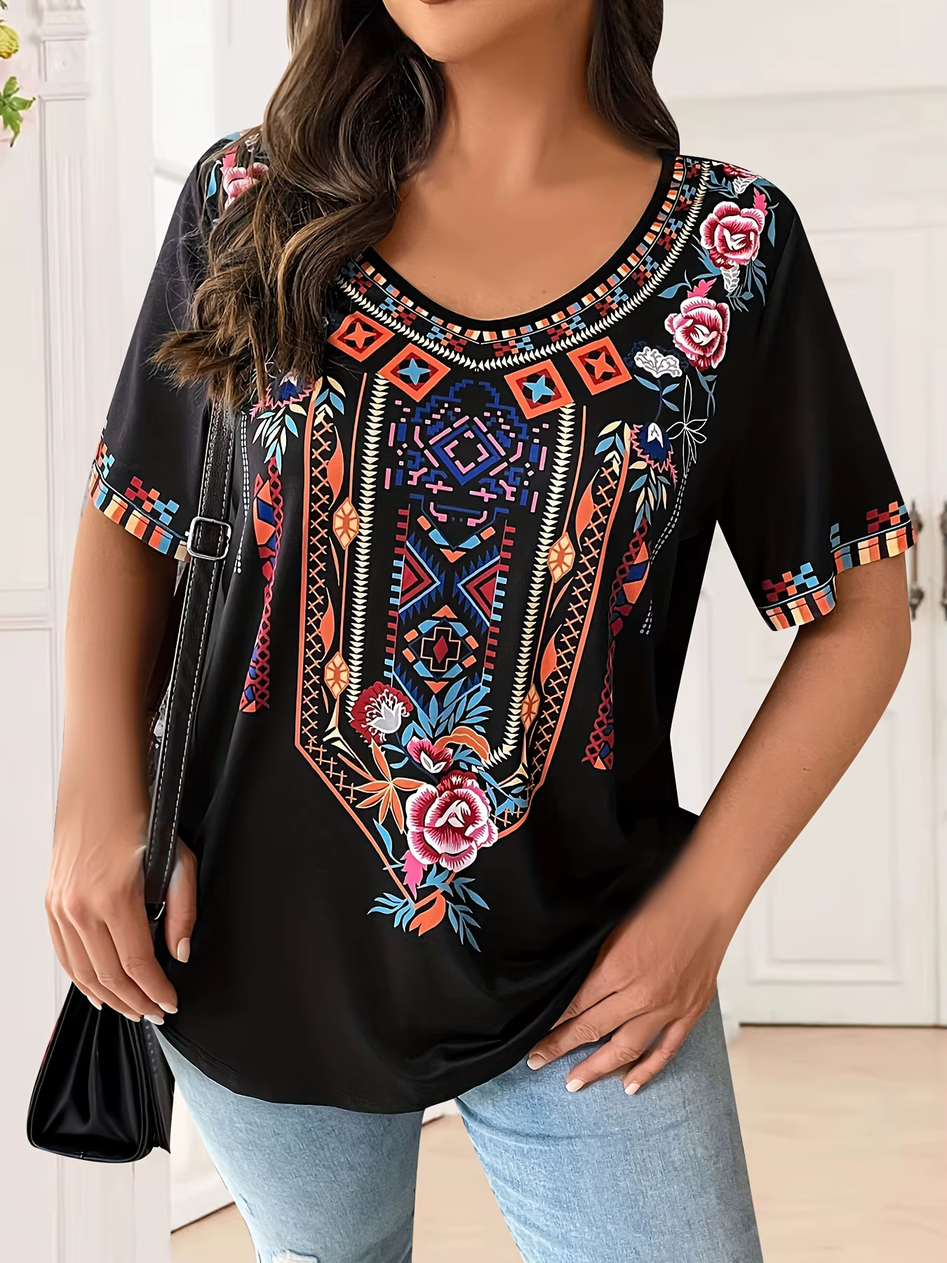 Grande taille femmes T-Shirt Boho Harajuku imprimé graphique été à manches courtes décontracté hauts rue mode