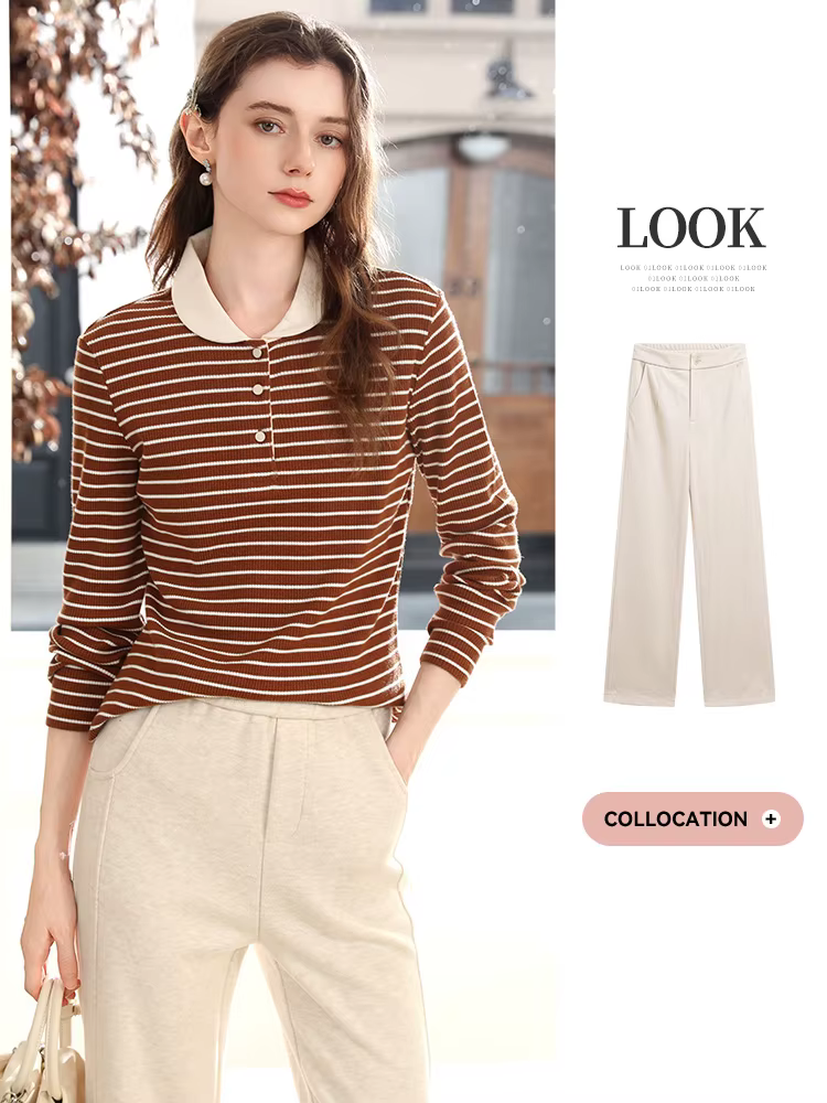 Je crois vous hauts à manches longues pour femme 2025 hiver rétro marron rayé col rabattu tricot T-shirt