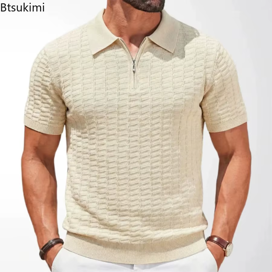 Nouveaux Polos Homme Décontractés Coupe Slim Été Couleur Unie Tricotés Pulls Vintage Manches Courtes Texturés