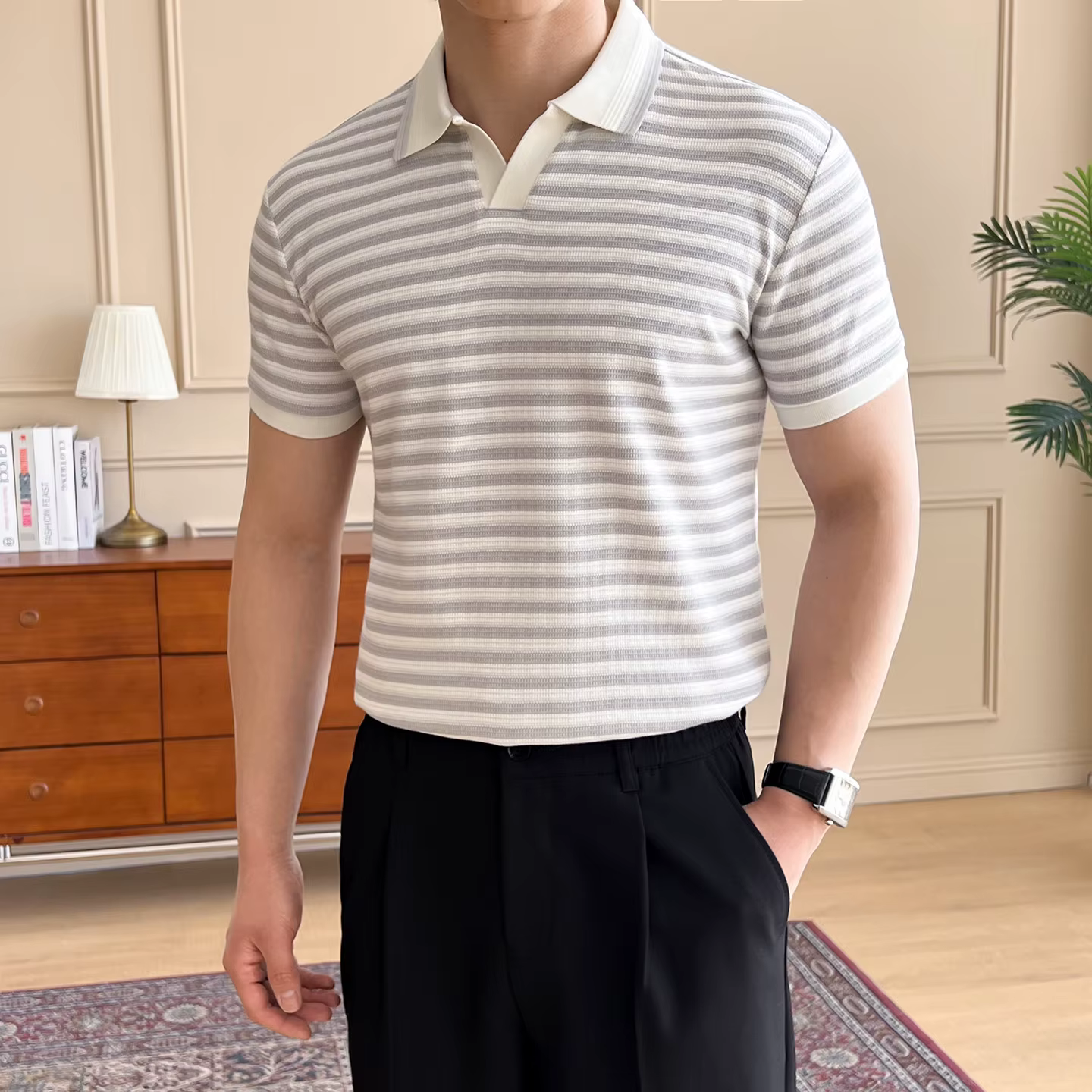 Polo rayé pour homme, T-shirt respirant à manches courtes avec col rabattable