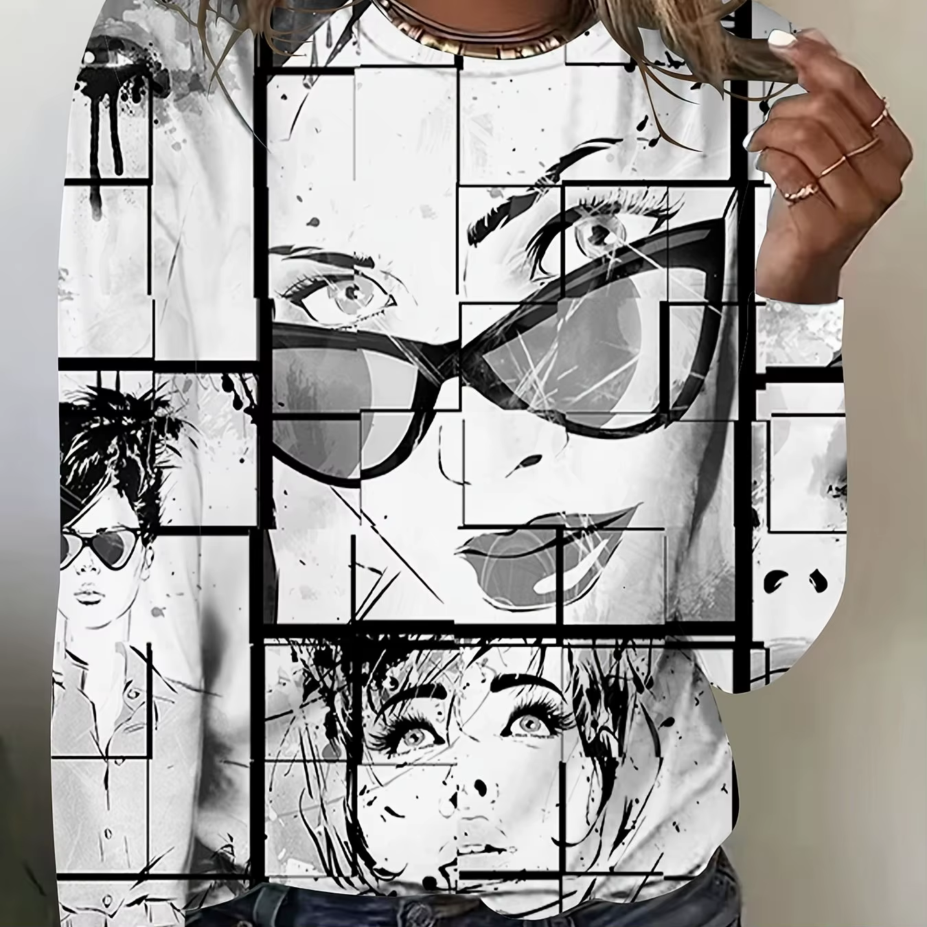 T-shirt graphique à manches longues et col rond pour femmes, haut décontracté pour femme, pull élégant, mode de bureau, printemps
