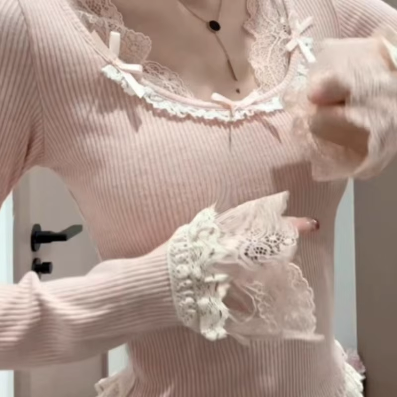 T-shirt à manches longues en dentelle pour femmes