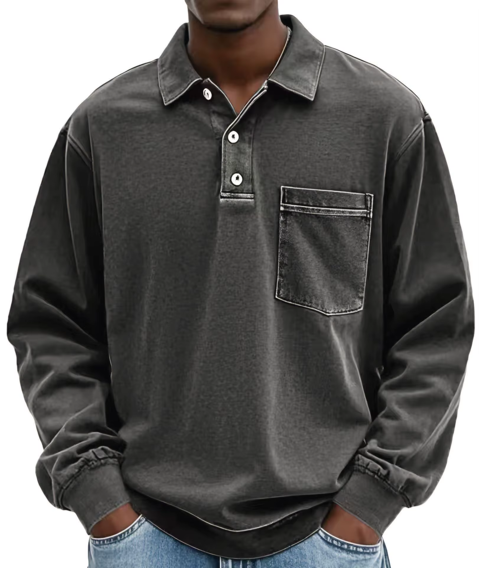 Polo à manches longues gris foncé style rétro américain
