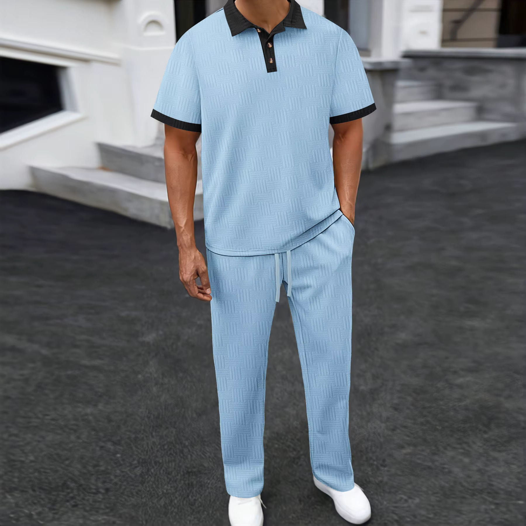 Ensemble 2 pièces polo et pantalon texturé pour homme avec col contrastant – Survêtement décontracté pour le streetwear quotidien