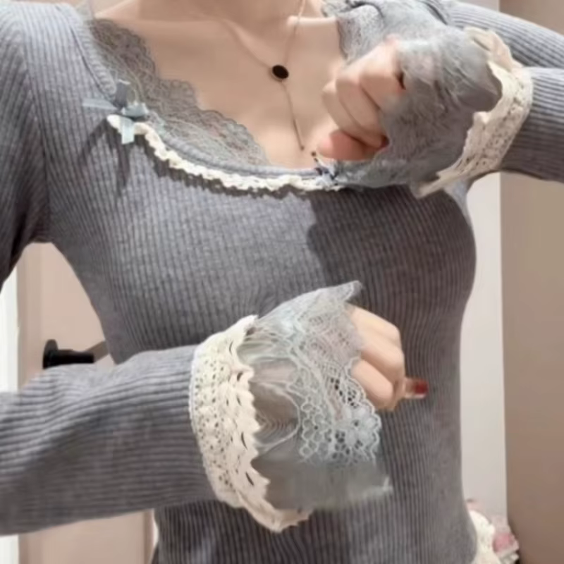 T-shirt à manches longues en dentelle pour femmes