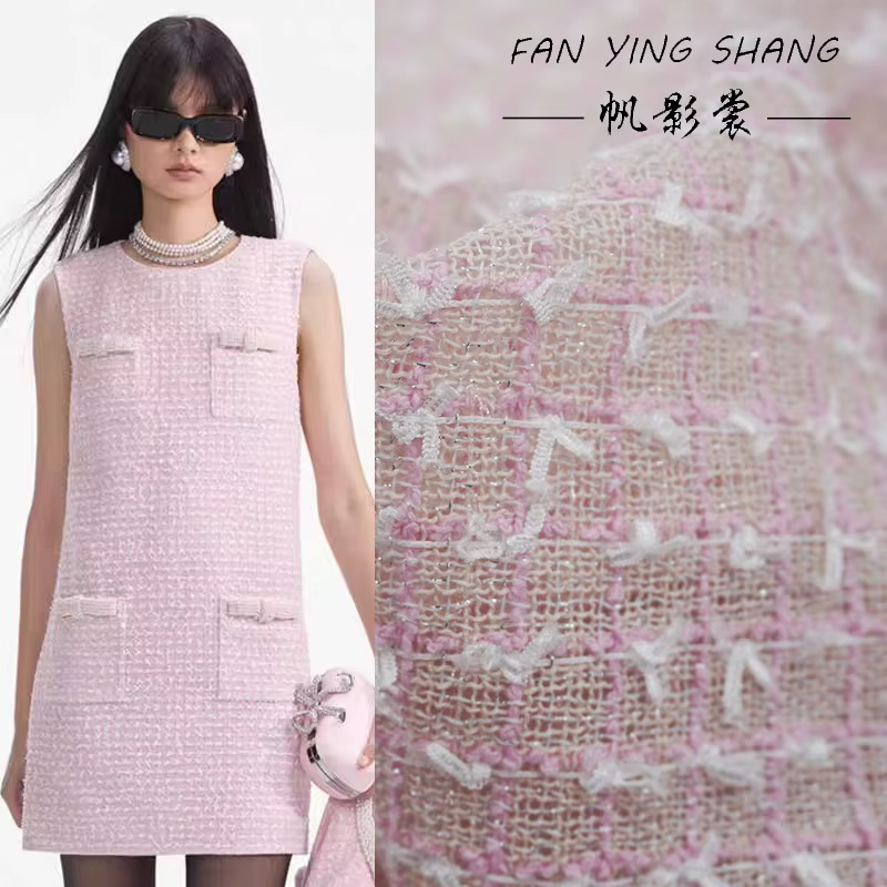 Tissu Tweed à carreaux rose et blanc avec nœud pour manteau, robe, jupe femme printemps-automne, tissu de couture DIY