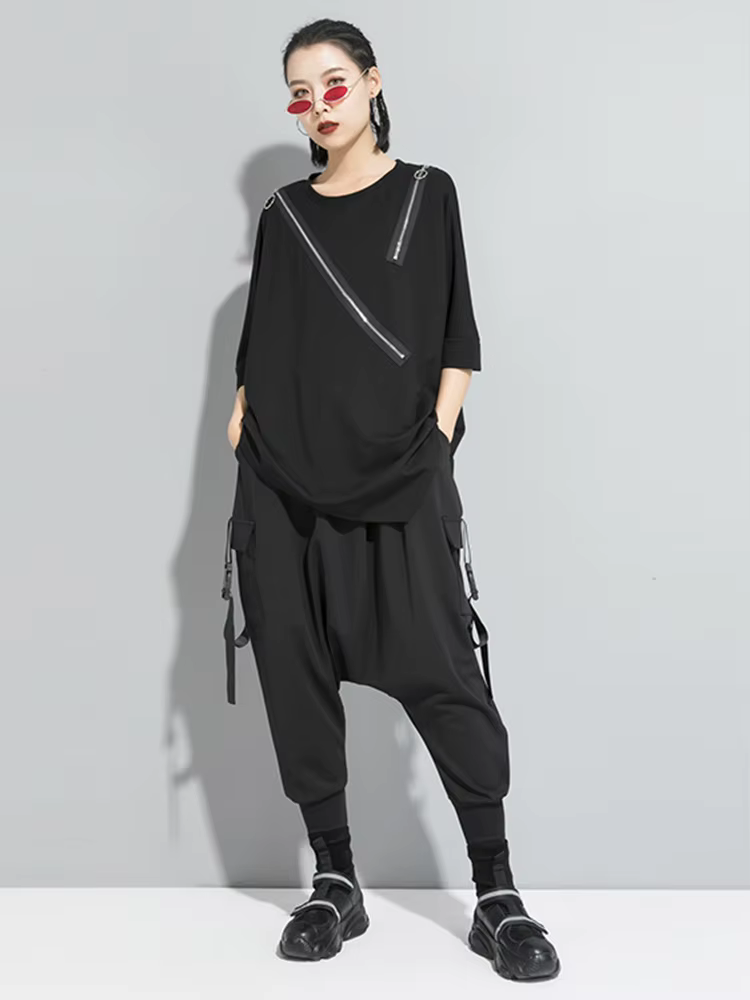 EAM femmes noir asymétrique Sittch grande taille T-shirt nouveau col rond à manches longues mode marée printemps automne 2026 1S185