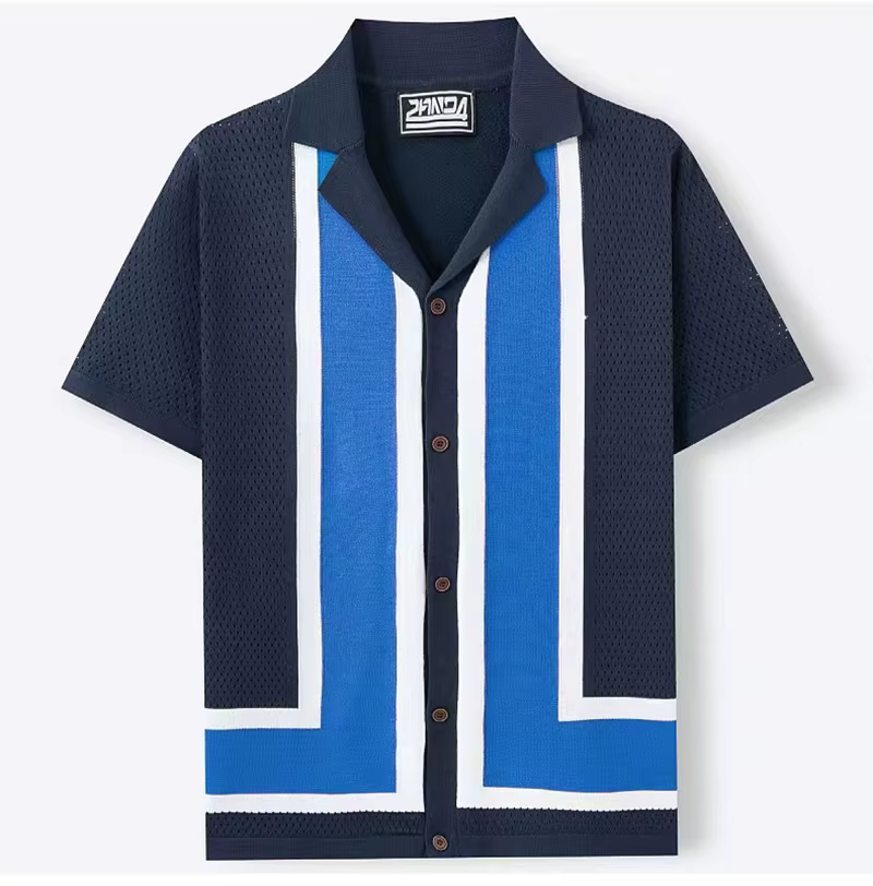 2025 été hommes tricoté polos britannique rétro rayure Patchwork