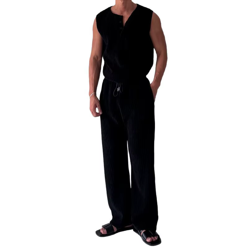 Nouvel ensemble décontracté pour homme 2026 : Gilet sans manches à col Henley et pantalon rayé pour le printemps et l'été
