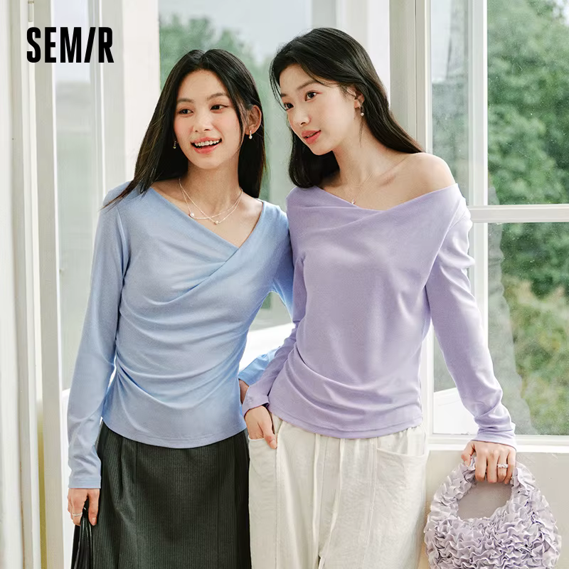 T-shirt Slim Fit Femme Semir Printemps 2026 Col Asymétrique Épaule Oblique Couleur Unie Décontracté Tendance Élégant