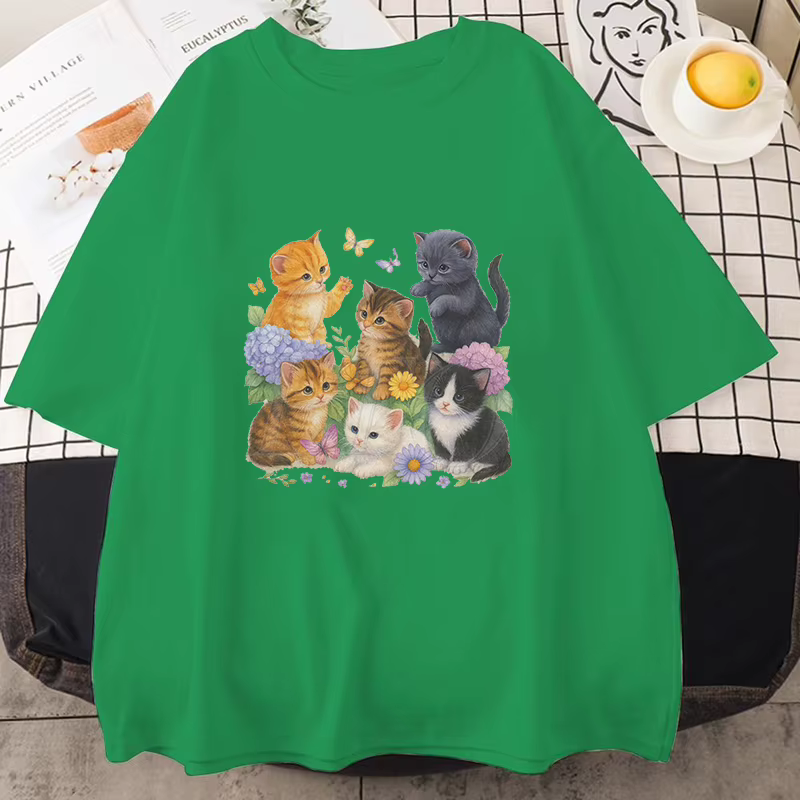 T-shirts à manches courtes avec imprimé chaton vintage mignon