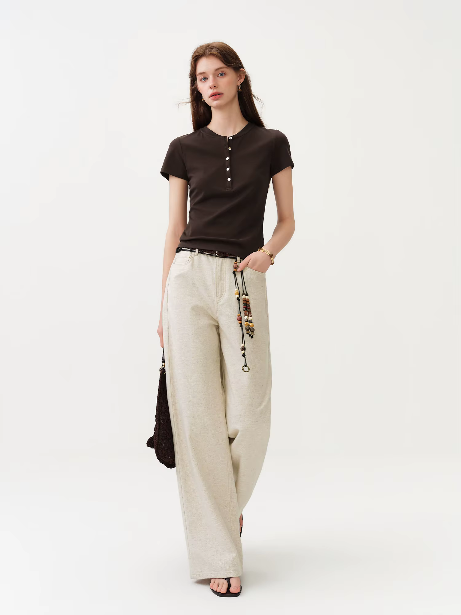 FSLE Nouveau T-shirt blanc ajusté à manches courtes pour femme avec boutons