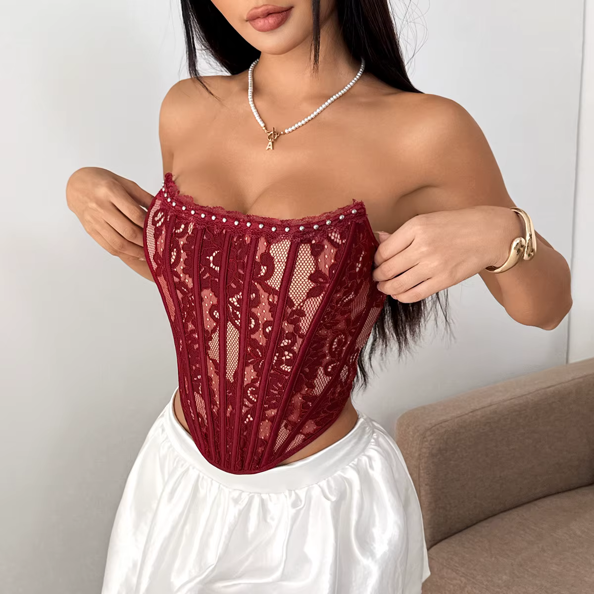 Femmes dentelle perles bandeau hauts sans manche gilet push up coquette corset récolte cami taille mince sexy débardeur bustier tubulaire camisas vêtements