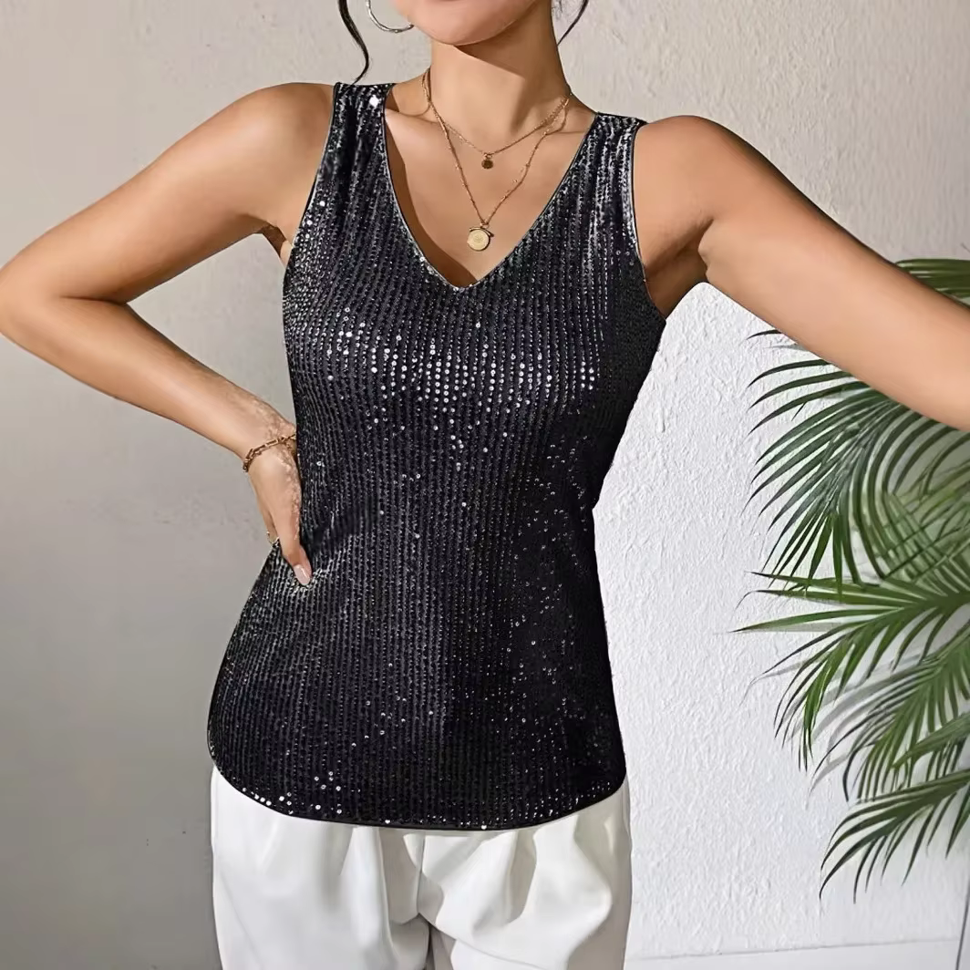 Le nouveau t-shirt sexy à col en V et sequins