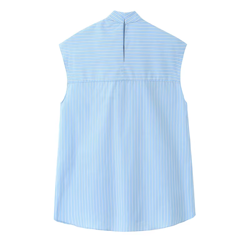 Chemisier Femme Printemps 2026 Nouveau Style Bleu Clair Rayé Sans Manches avec Nœud Décoratif Décontracté Tendance Personnalité