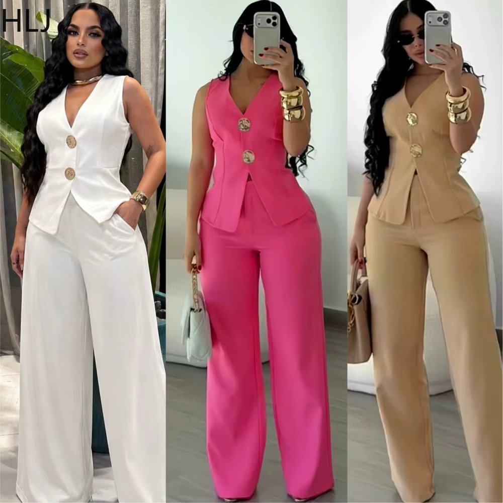 HLJ Fashion Gilet pour femme couleur unie sans manches col en V avec découpes à la taille et boutons dorés