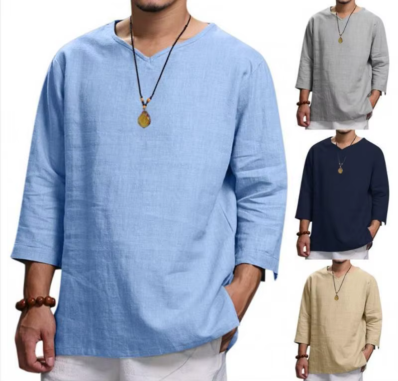 Hommes col en V coton lin t-shirts mâle respirant couleur unie trois quarts décontracté ample pull