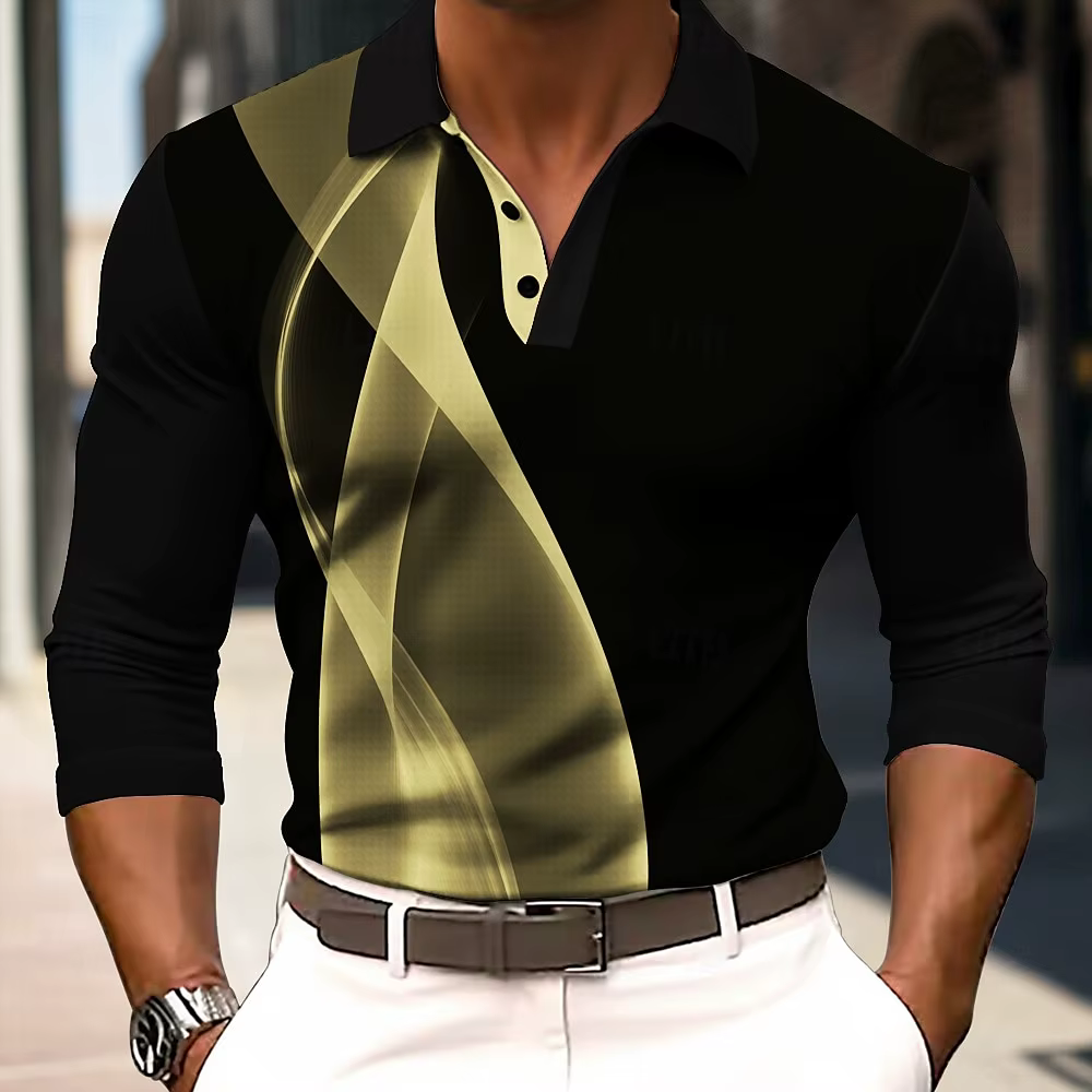 2025 mode hommes géométrie rayure à manches longues Polo respirant décontracté hauts coupe ajustée séchage rapide col classique Polo