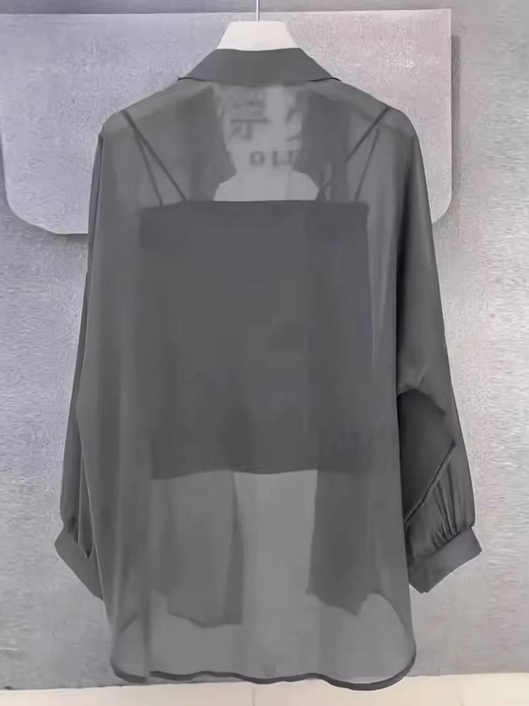 Hauts grande taille pour femmes, chemisiers d'été en mousseline de soie glacée, respirants et résistants au soleil, boutons fins, amples et transparents, chemises à manches longues, 2025