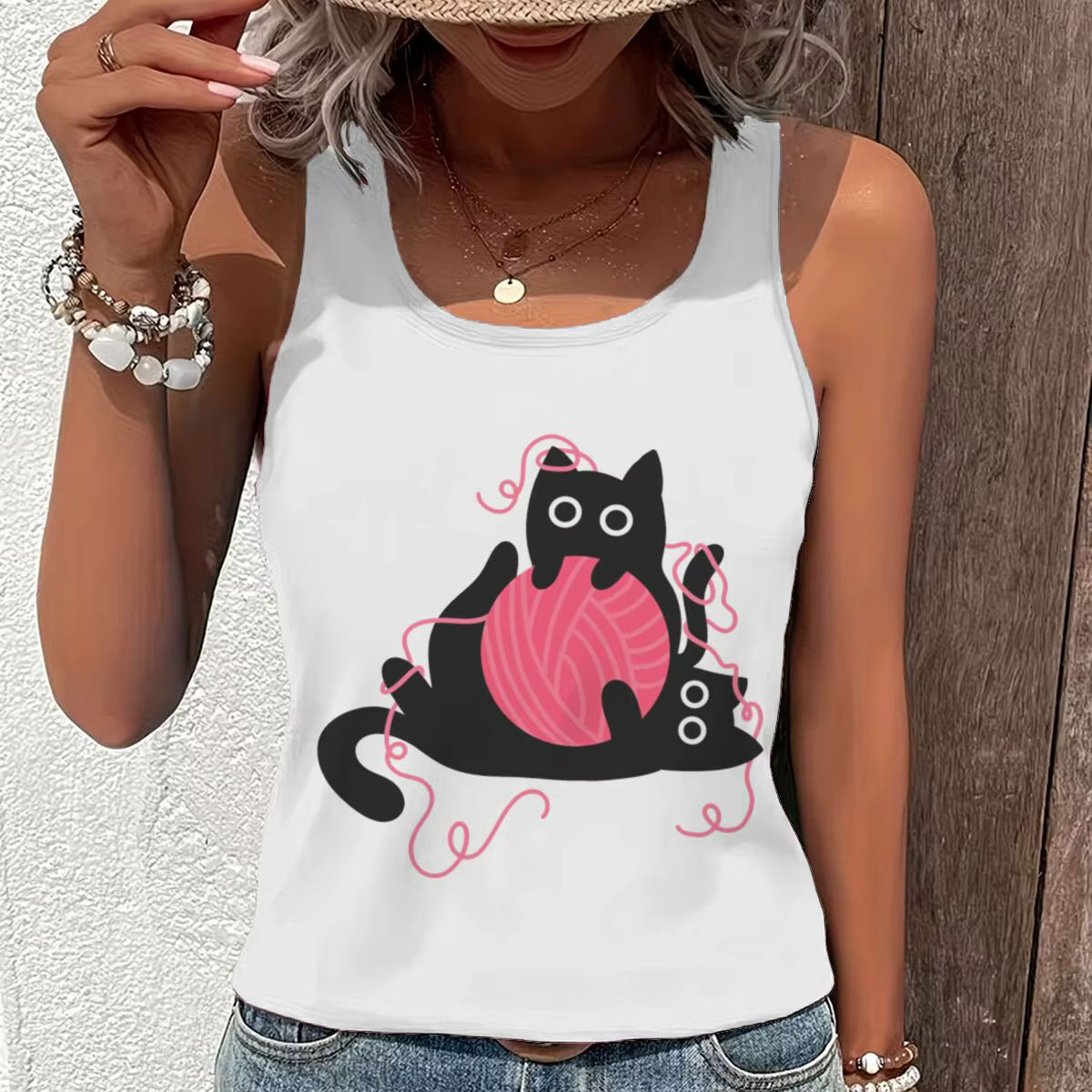 Débardeur graphique chat noir amusant pour femme