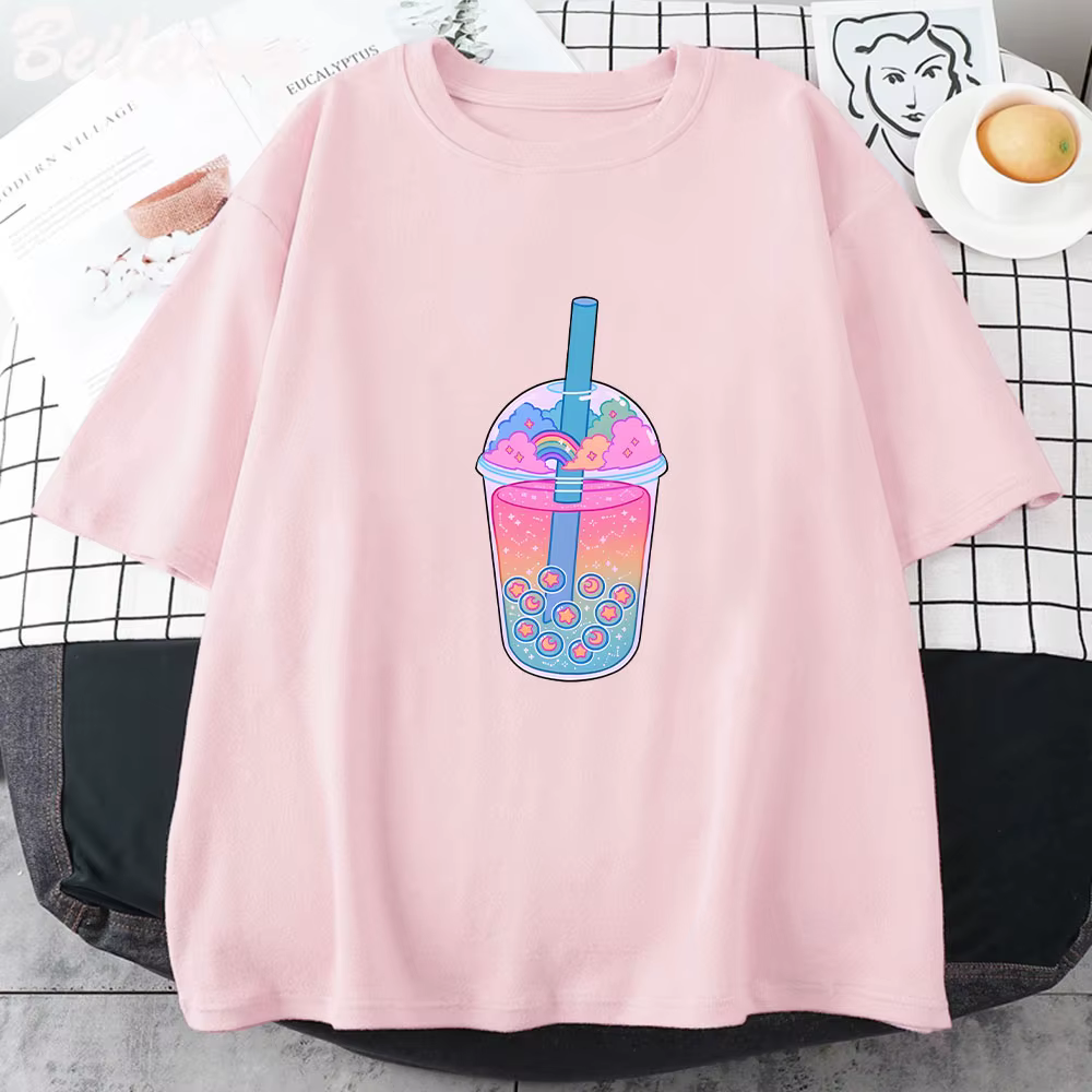 Boba Tea – T-shirt noir à manches courtes pour femme