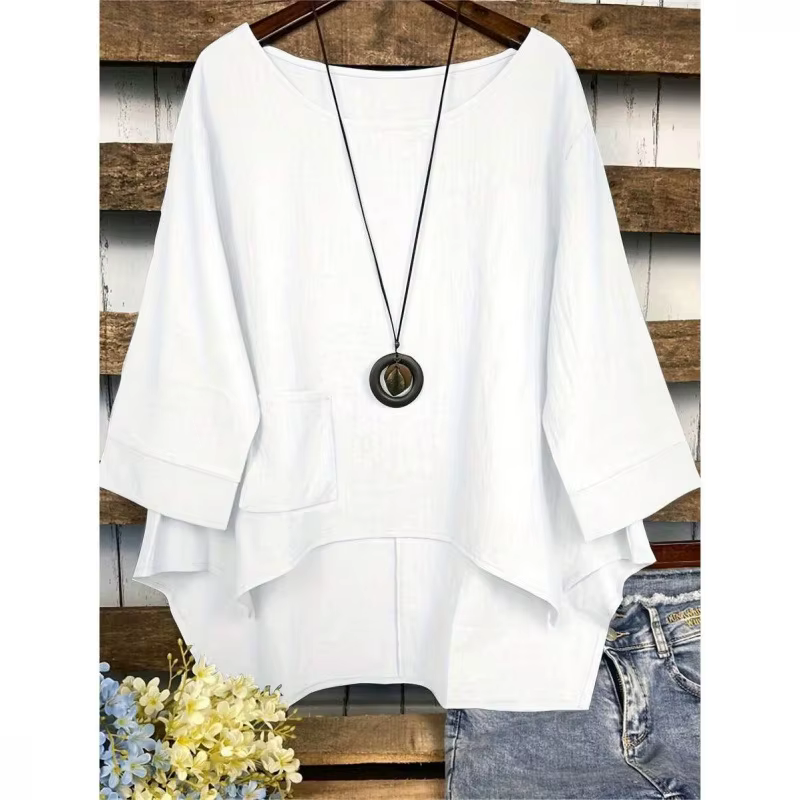 T-shirt d'été en coton et lin grande taille pour femme avec poche