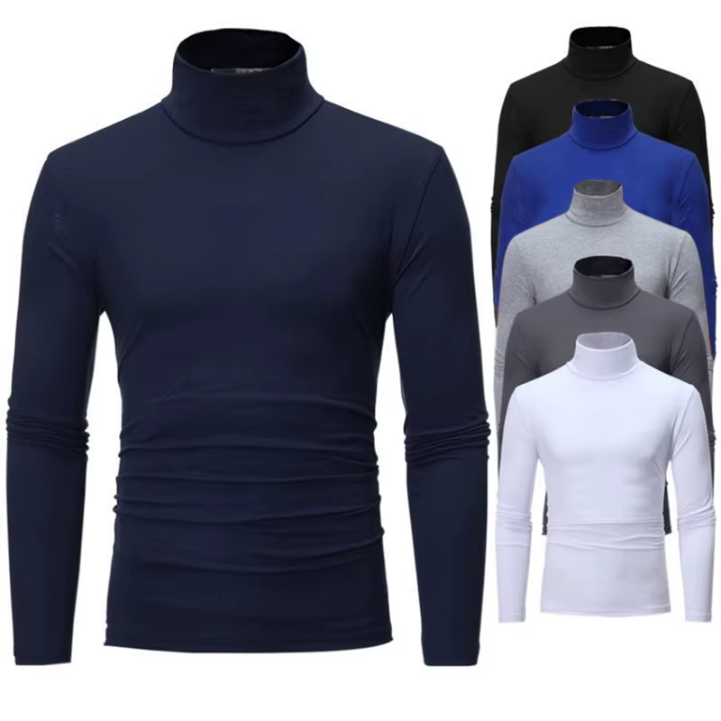 Nouvelle mode Base t-shirt hommes coupe ajustée Polyester col haut pull col roulé