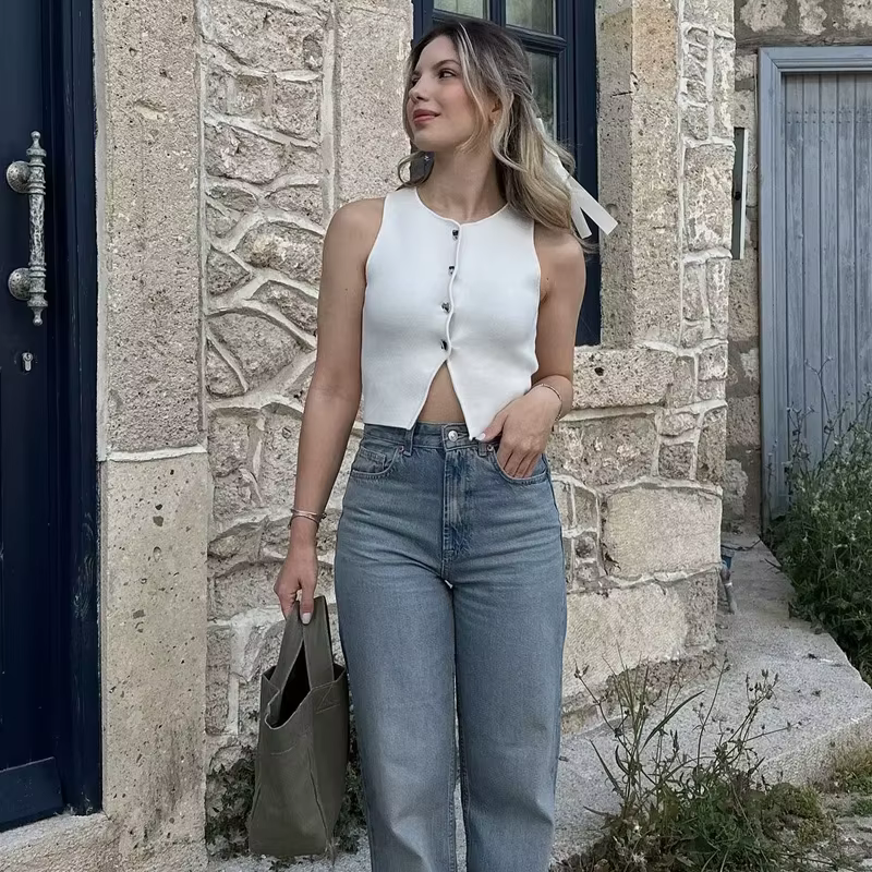 MUJER blanc tricot haut court femmes bouton hauts courts femme 2025 été réservoirs Camis