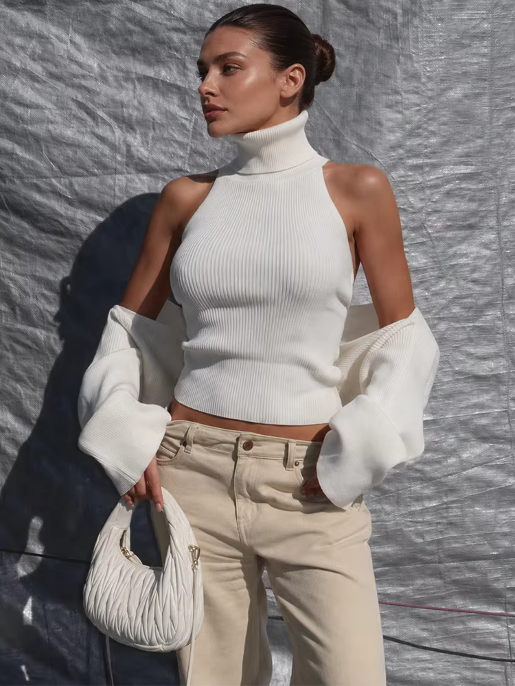 Trendix tricot débardeur ensembles pour femmes mode col haut gilet et manches longues châle 2 pièces costumes Sexy dos