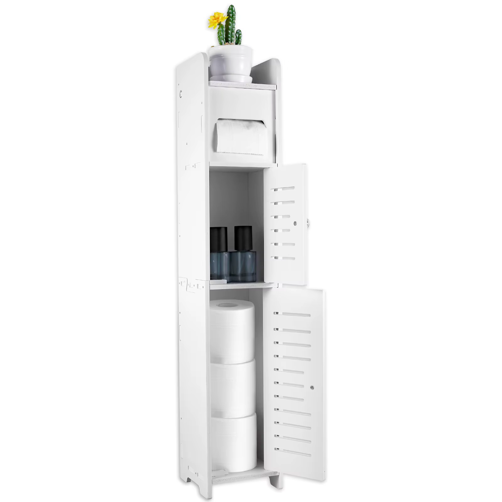 Armoire de rangement pour salle de bain, armoire de sol à 3 niveaux, organisateur avec porte, porte-rouleau de papier toilette autoportant, armoire de rangement pour toilettes étroite