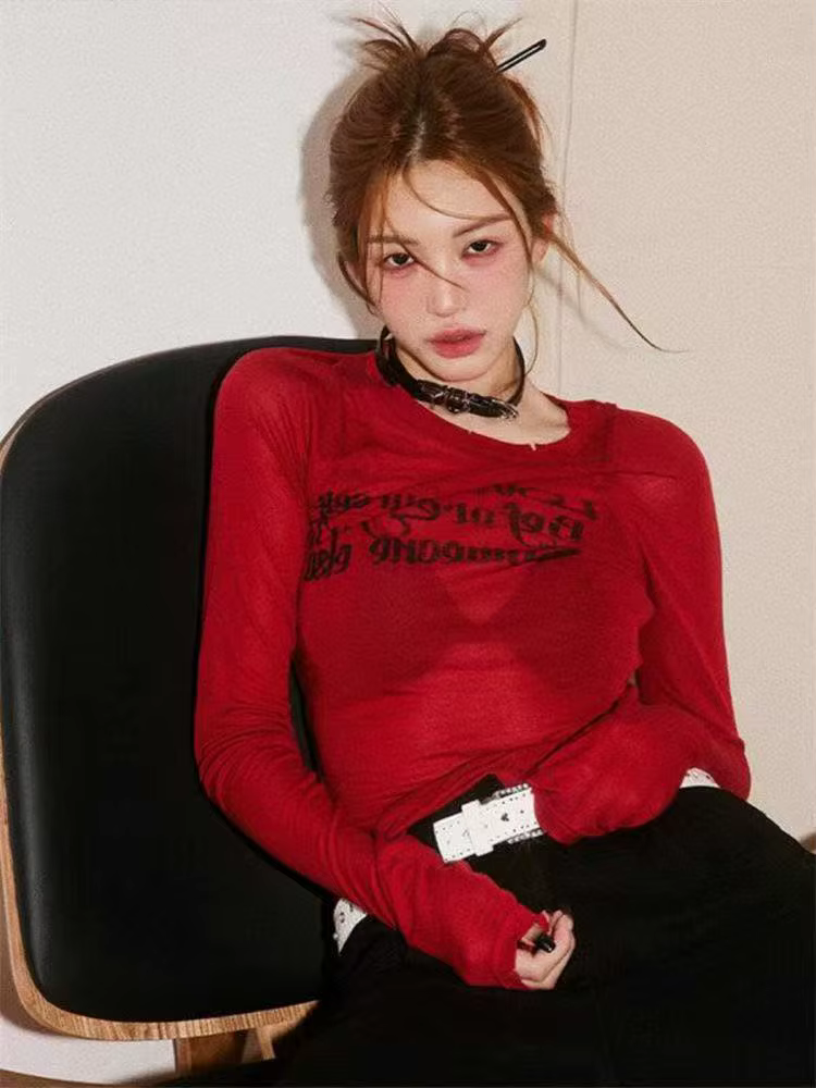 Grunge esthétique lettre impression T-shirt Trashy 2000s Style à manches longues rouge