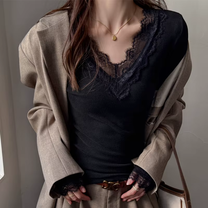 T-shirt à manches longues en dentelle blanche pour femme