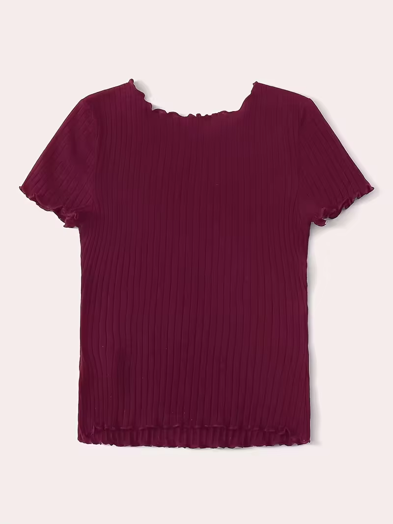 T-shirt côtelé bordeaux uni à manches courtes pour femme