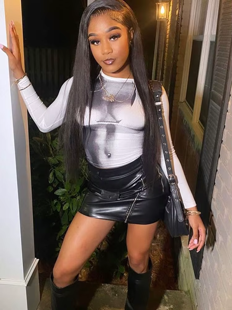 Body imprimé culture t-shirts femmes automne printemps Y2K mode coréenne à manches longues col rond haut maigre t-shirt Streetwear