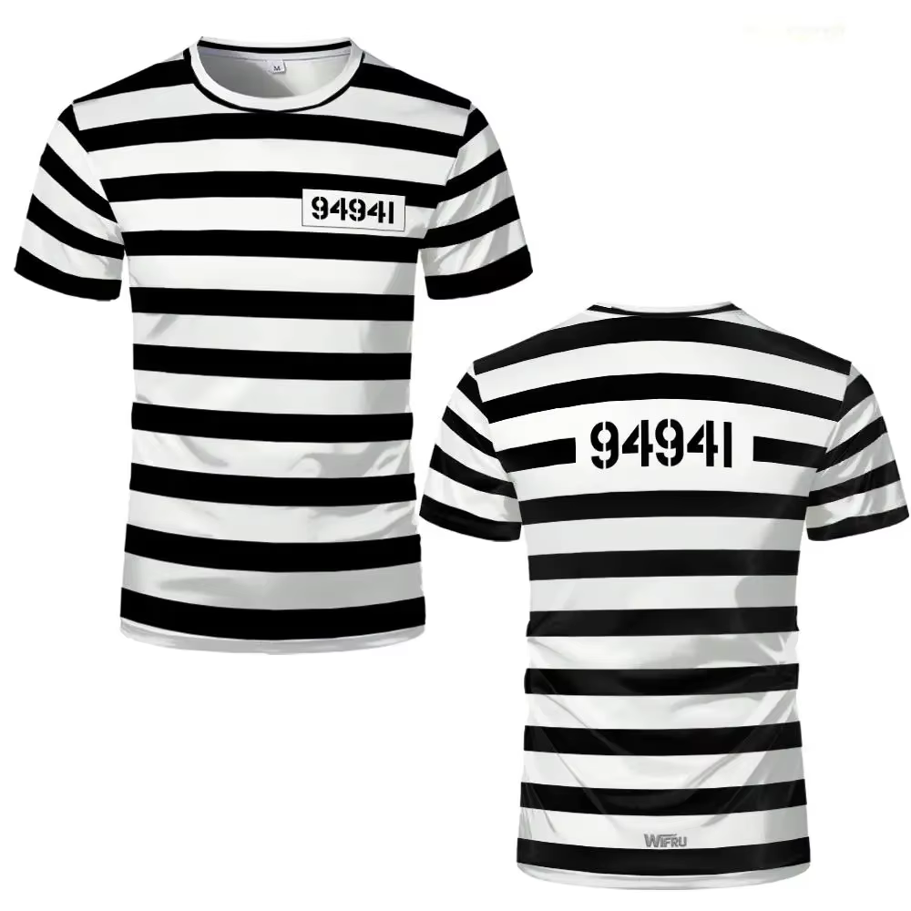 Nouveau T-shirt rayé Prisonnier 2026 Noir et Blanc Thème Prison Amusant et Original Manches Courtes Costumes de Fête Cosplay Homme et Femme