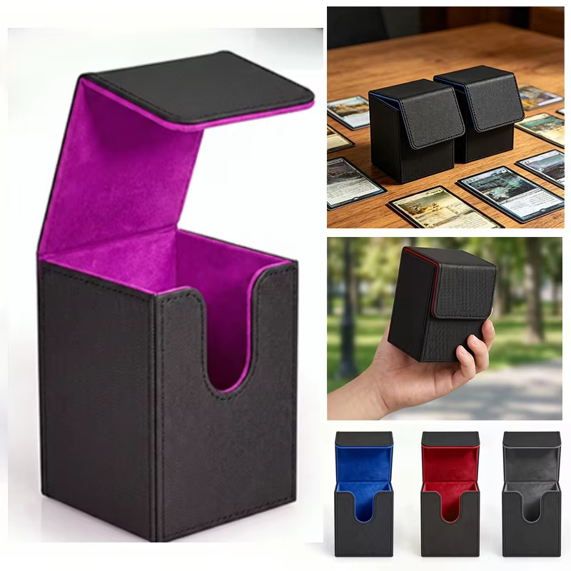 Boîte à cartes verticale à rabat, étui de rangement pour cartes en cuir PU, porte-cartes pour accessoires de jeu, conçu pour les jeux de cartes à collectionner.