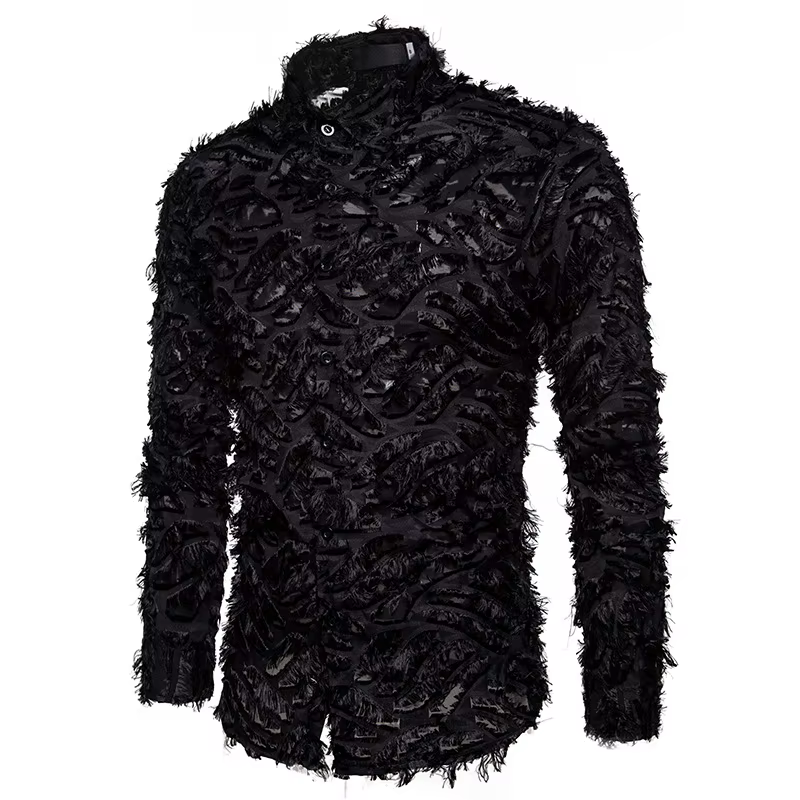 Chemise noire sexy à manches longues et plumes pour hommes