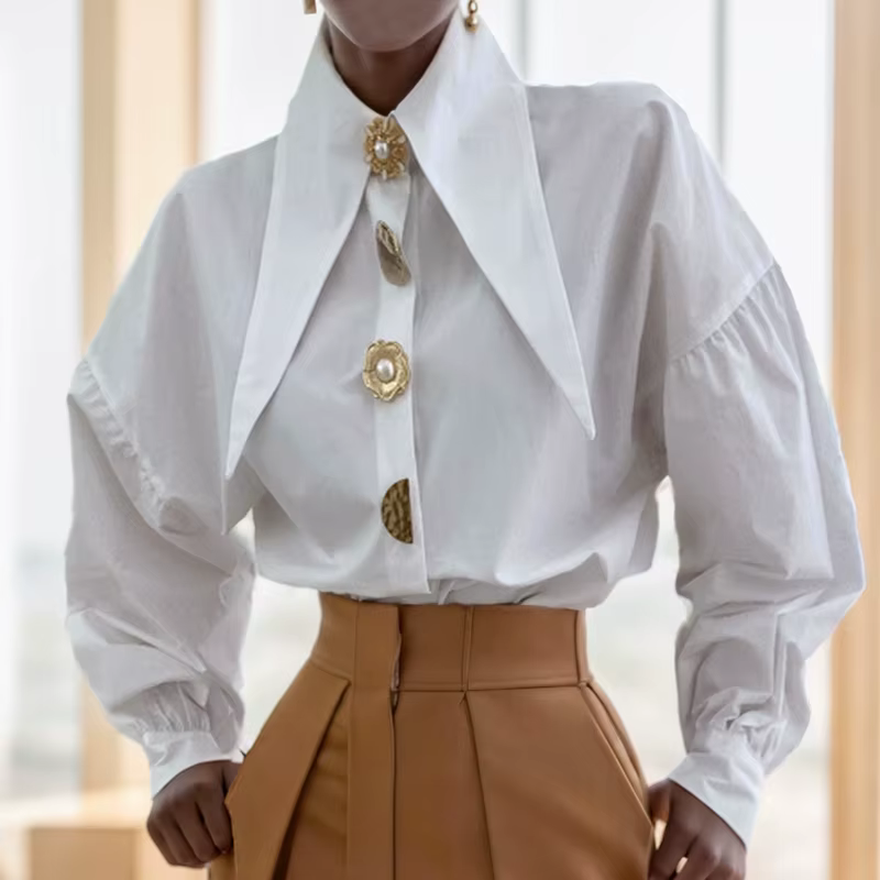 Printemps mode chemise à manches longues col pointu bureau dame Blouse