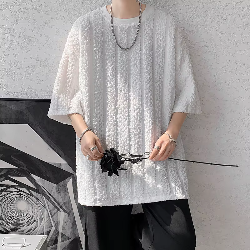 T-Shirt Plissé à Rayures Verticales pour Homme