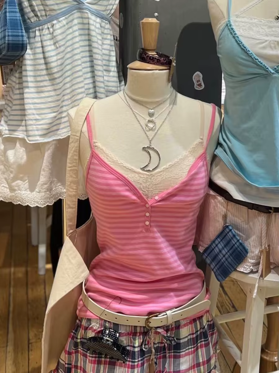 Débardeur rose rayé à quatre boutons pour femme